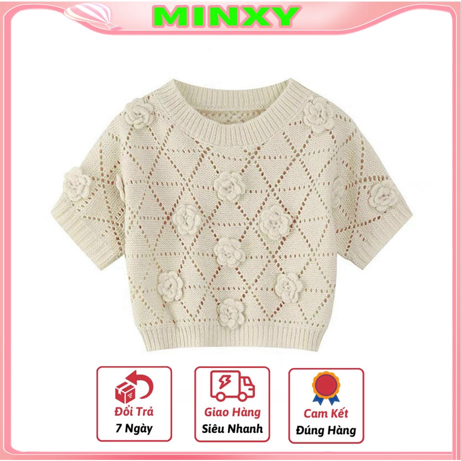 Áo len dệt hoa nổi sang sịn,dáng lửng thiết kế bo gấu tay bo eo mặc lên phom rất đẹp-Minxy shop