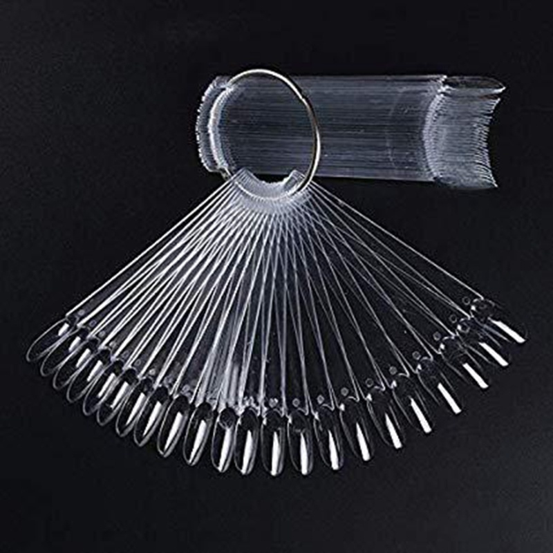 Set 50 Móng Tay Giả Hình Quạt Nhiều Màu Sắc Trưng Bày Kèm Nhẫn Kim Loại