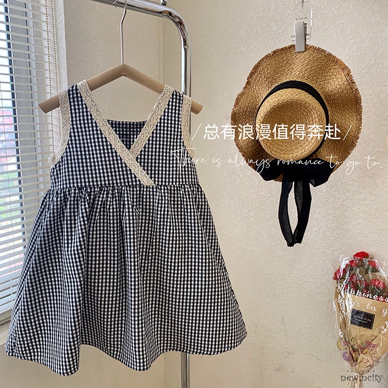 Đầm Công Chúa Không Tay Họa Tiết Caro Trắng Đen Phối Ren Phong Cách Hàn Quốc Cho Bé Gái