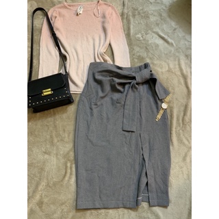 áo len pull & bear + chân váy buộc nơ hàng hàn