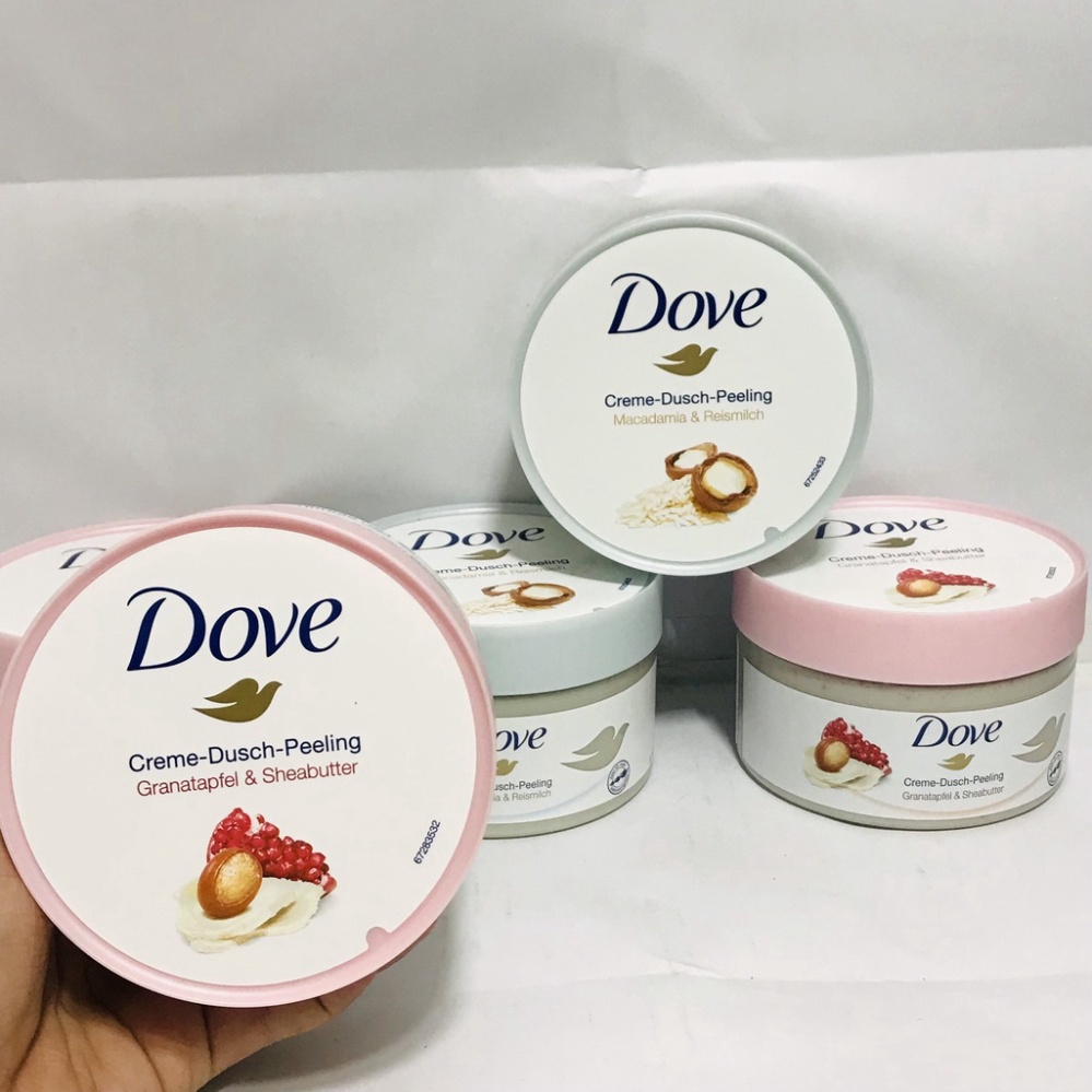Tẩy da chết body DOVE Mỹ, Đức Macca Lựu đỏ giúp da mịn màng chiết xuất từ thiên nhiên 225G