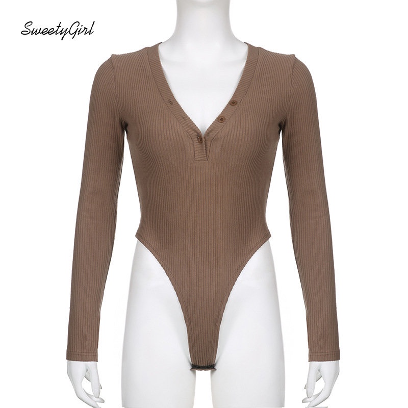 MsMona Áo Liền Thân Dệt Kim Tay Dài Cổ Chữ V Màu Nâu Trơn Cài Nút Thời Trang 2022 Quyến Rũ Dành Cho Nữ