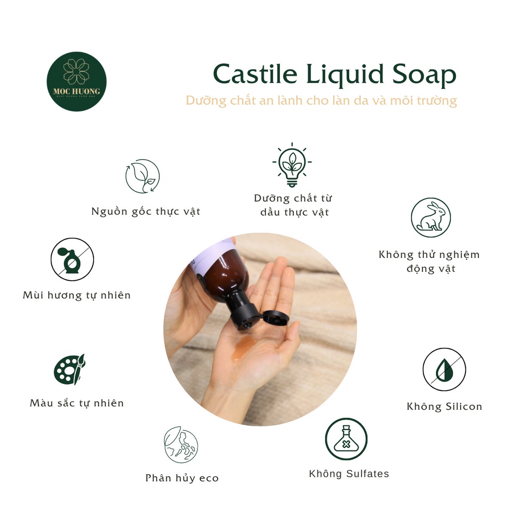 Sữa tắm thiên nhiên gạo MỘC HƯƠNG Castile Liquid Soap Basic không mùi dưỡng ẩm cao dành cho da nhạy cảm 250ml