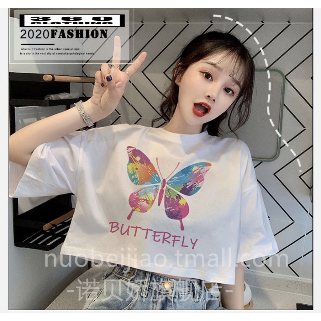 Áo croptop tay lỡ form rộng cổ tròn họa tiết Butterfly chất thun bozip mềm mịn croptop dáng rộng cực mát cho mùa hè
