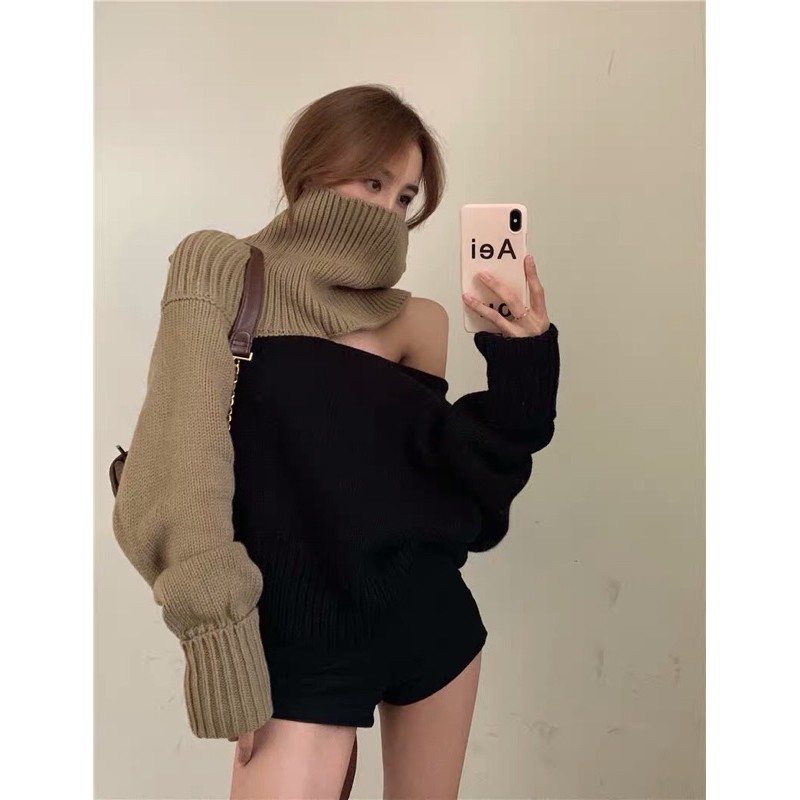 Áo len cổ lọ trễ vai phối màu đen nâu Ulzzang siêu chất 🤎