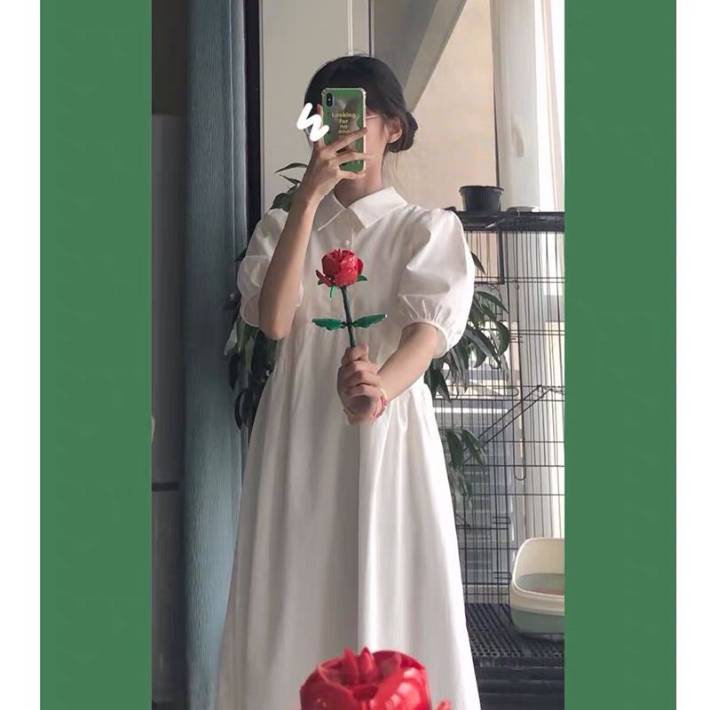 Đầm sơ mi chữ a dáng dài cổ bẻ phong cách Pháp mới cho học sinh