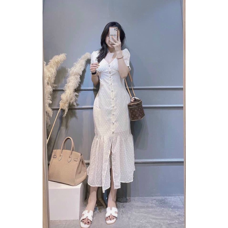 Váy đầm trắng đuôi cá xẻ tà phối nút bọc 2 lớp dày dặn dáng xuông xinh đẹp XUKA DRESS DT012