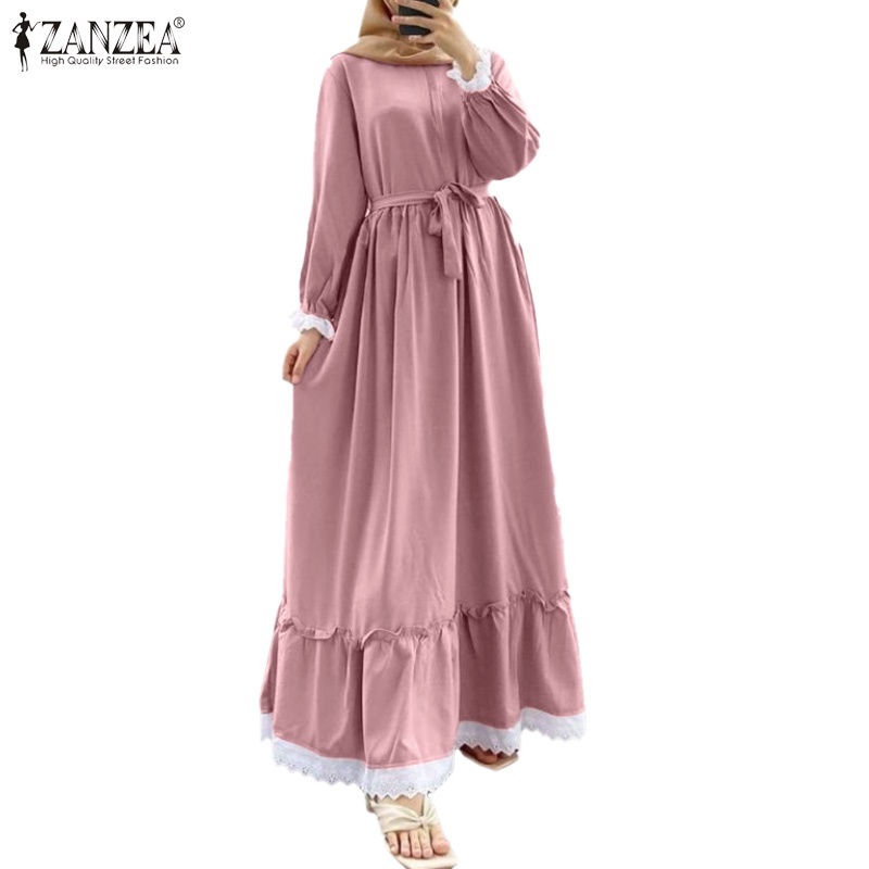 Đầm maxi ZANZEA tay dài cổ tròn màu trơn viền nhún bèo phong cách thanh lịch thời trang thường ngày cho nữ