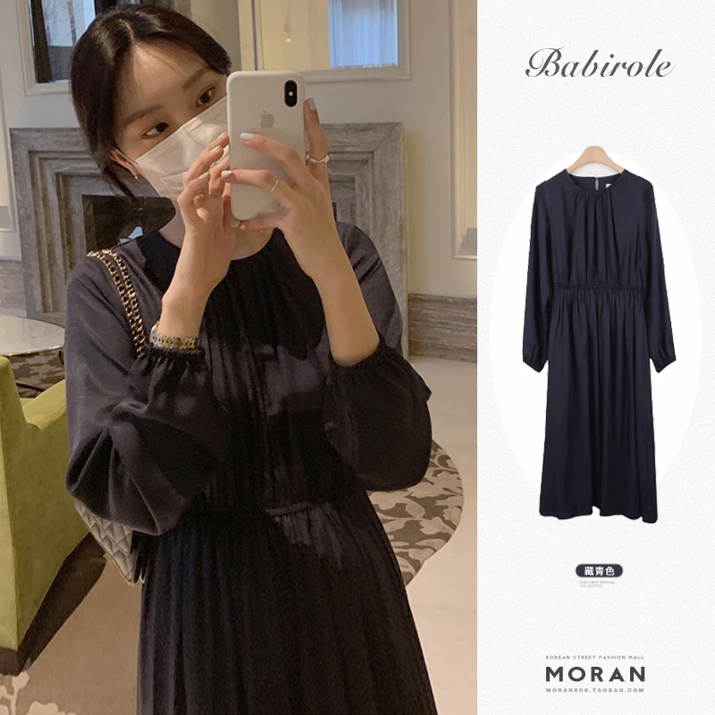 (ORDER) Váy MORAN dài tay mùa thu cổ tròn xếp ly thun eo xòe dài đơn giản kiểu Pháp thanh lịch sang trọng (có ảnh thật)