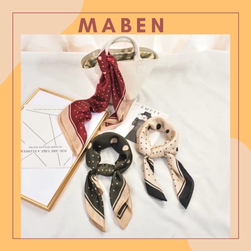 Khăn lụa vuông 70x70 turban quàng cổ,áo khăn yếm bandana thời trang đội đầu chấm bi- Maben