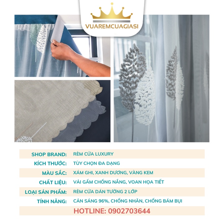 Rèm Cửa Dán Tường Chống Nắng 2 Lớp Voan Họa Tiết, Màn Cửa Trang Trí Decor Phòng Ngủ Không Cần Khoan Tường