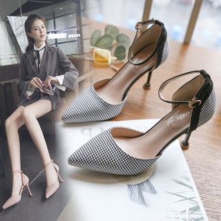 Giày cao gót/ Giày kẻ caro, quai cài, mũi nhọn, gót nhỏ, phù hợp cho mùa xuân, mẫu mới nhất