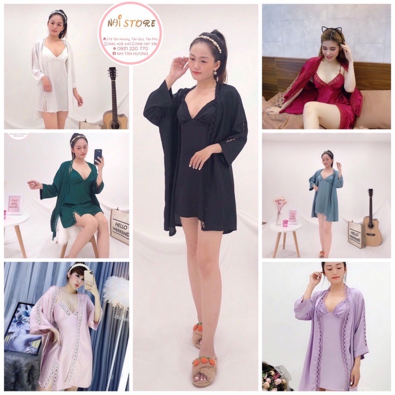 [FREESHIP ]Đầm Ngủ Lụa Satin Cao Cấp 2 Dây Phối Ren Sexy Kèm Áo Khoác Tay Lửng Freesize Dưới 57kg