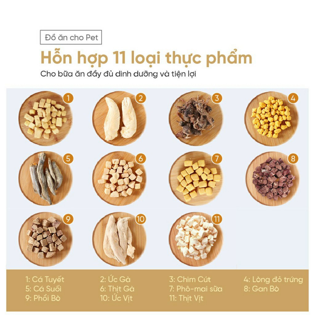 Thức ăn sấy khô chó mèo hỗn hợp 11 loại thịt gà chim cá có muỗng 670g - Bivido