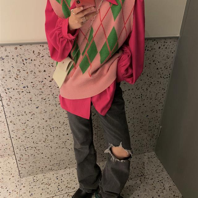 Set Áo Sơ Mi + Áo Dệt Kim Dáng Rộng Màu Sắc Ngọt Ngào Phong Cách Phương Tây Thời Trang Cho Nữ