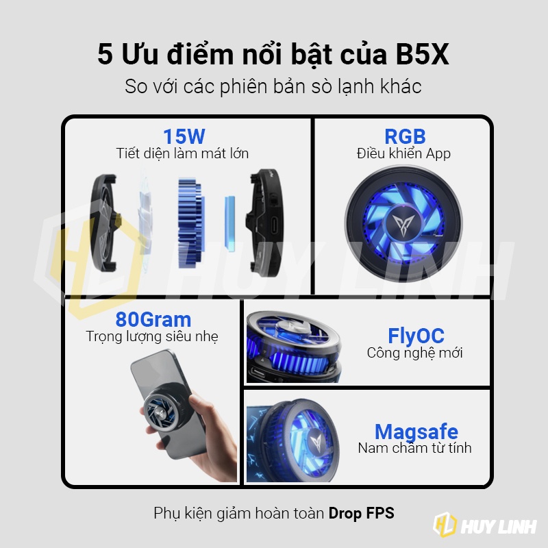 Flydigi B5 và B5x Quạt tản nhiệt RGB gaming kiêm sò lạnh cho điện thoại - Tặng kèm găng tay cảm ứng