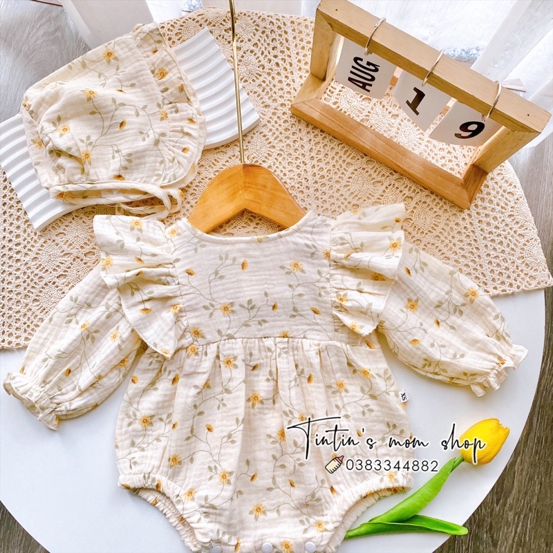 Sét body đầy tháng, thôi nôi xô muslin hoa vàng kèm mũ bèo cho bé gái
