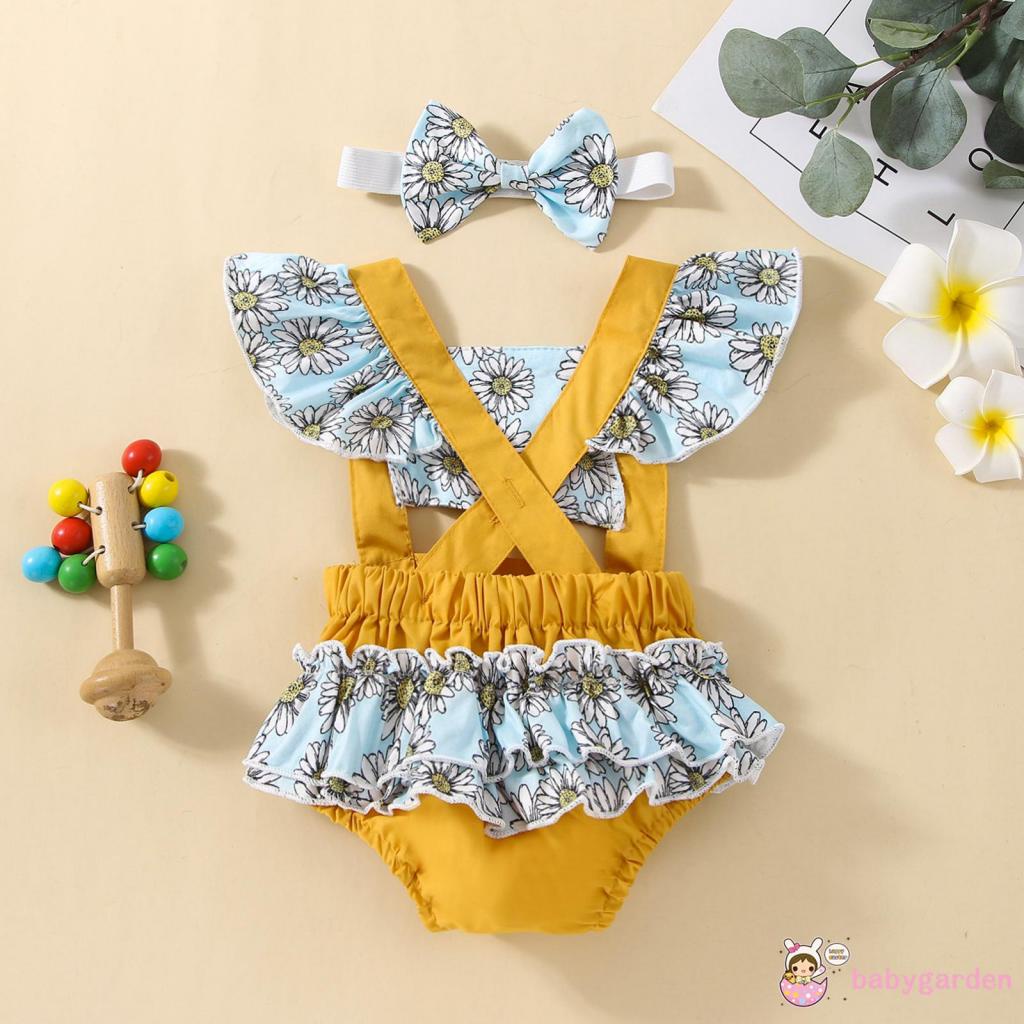 BABYGARDEN-0-12months Baby Girls Romper with Headband,Backless Flying Sleeve Animal Flower Printed Back Cross Straps