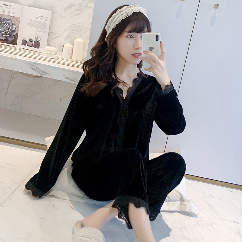 Bộ đồ ngủ 2 mảnh bằng nhung phối ren kiểu thu đông ngọt ngào cho nữ