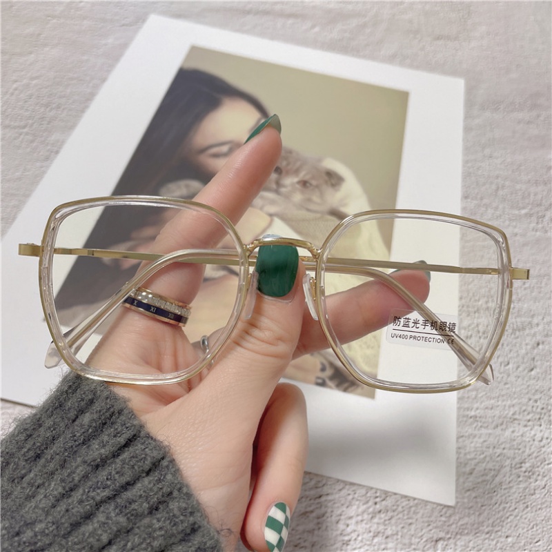 Mắt Kính Gọng Kim Loại Trong Suốt Oversize Chống Ánh Sáng Xanh Thời Trang Phong Cách Retro