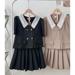 Set áo ren cổ váy dập ly