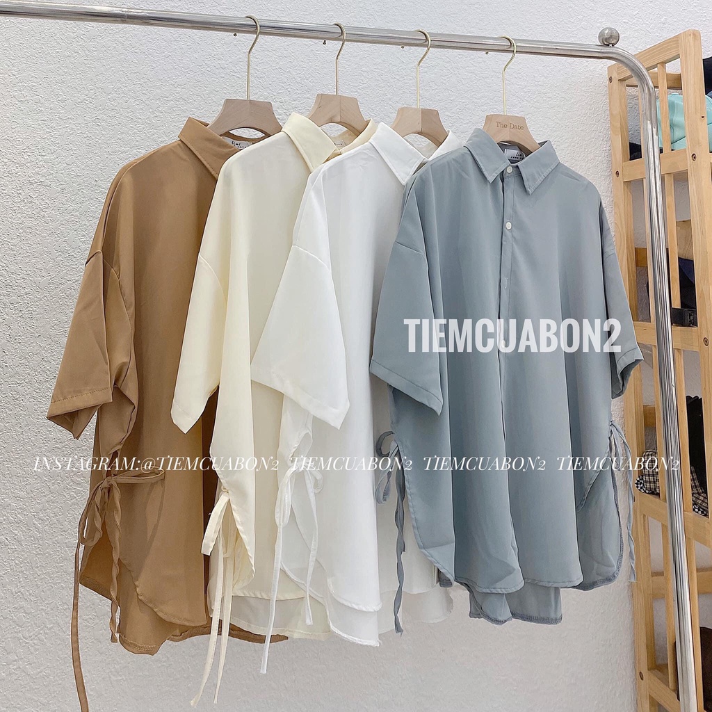 Áo Sơ Mi  Nữ Tay Lỡ Hàn Quốc Nơ Eo Rút Dây 2 Bên Dày Mịn Thoáng Mát Thiết Kế Thời Trang Kiểu Dáng Năng Động Trẻ Trung