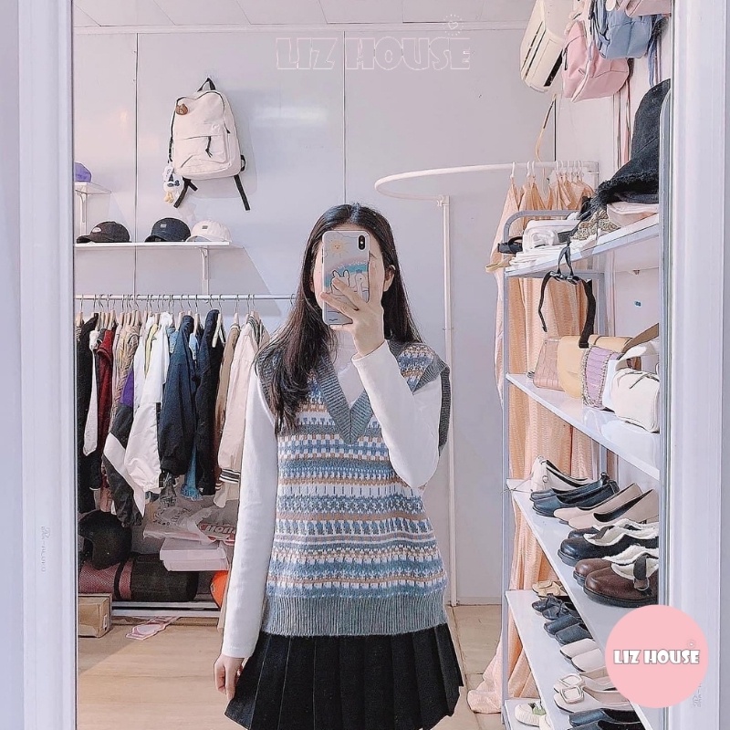 Áo gile hoạ tiết thổ cẩm, Áo gile len ulzzang nữ dáng Hàn Quốc Lizhouse