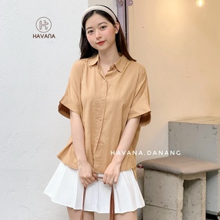 Áo sơ mi nữ ngắn tay, sơ mi linen cúc lưng form rộng basic AE181