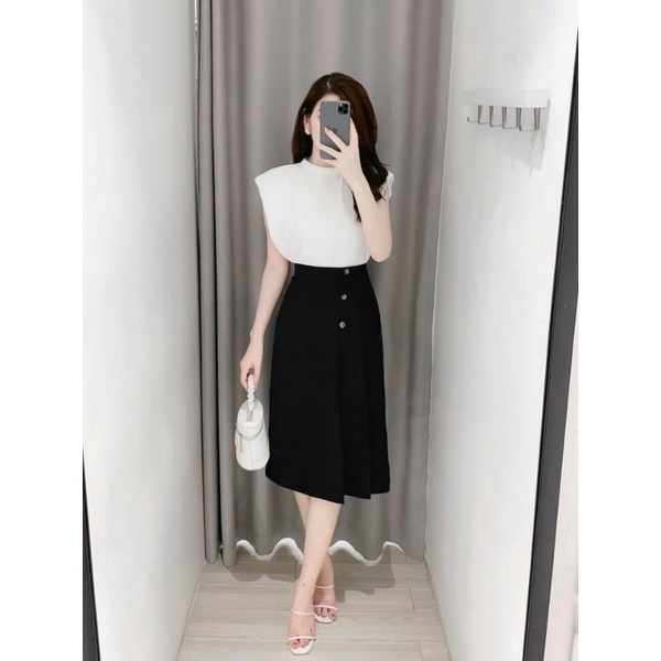 [Docas V50] Chân váy cúc lệch chữ A dáng midi qua gối | BigBuy360 - bigbuy360.vn