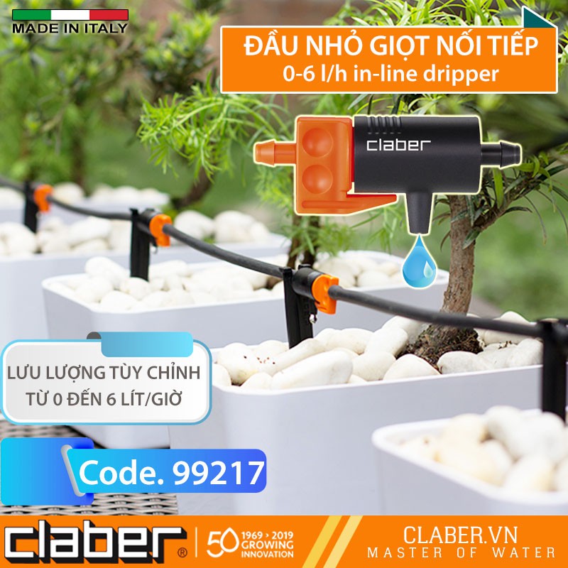 Đầu Tưới Nhỏ Giọt Liền Trục 0-6 l/h, 1 bịch = 50 cái, 99217 Claber - Italy