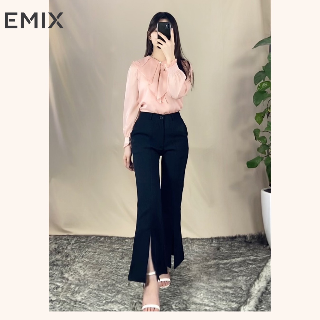 Quần tây nữ công sở ống loe xẻ trước EMIX (màu đen), dáng dài 92cm, cạp cao, khóa giữa, ống loe, chất tuyết mưa 2026