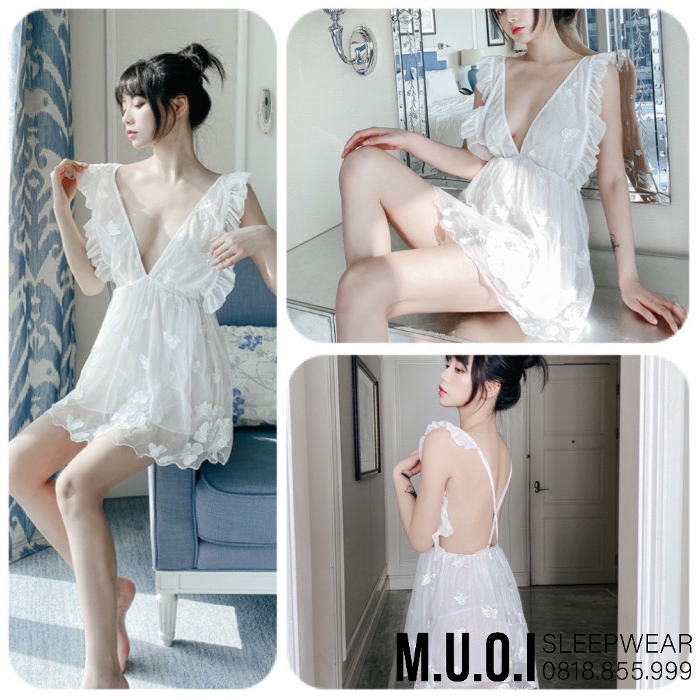 Váy ngủ ren trắng chéo lưng sexy QUẢNG CHÂU cao cấp SX 038 - Hàng có sẵn( video kèm ảnh thật)