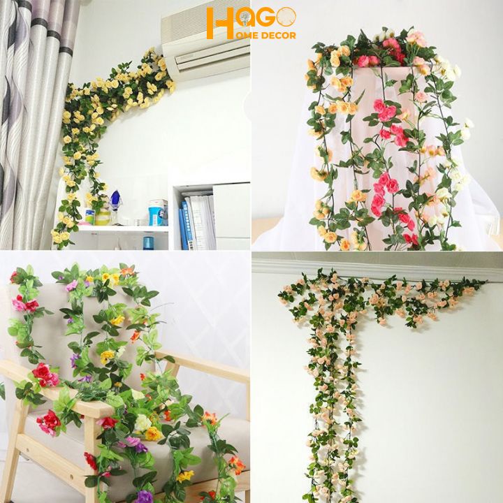 Hoa giả, dây hoa hồng leo dài 2,4m trang trí,decor ban công, tường nhà, nhà hàng, khách sạn, trường học
