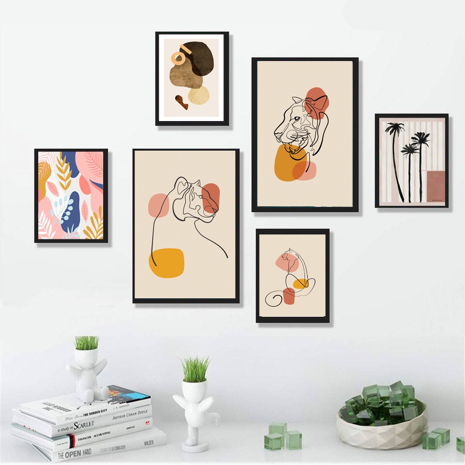 Bộ 06 tranh treo tường chủ đề con hổ mang phong cách Minimalism trang trí phòng,phòng ngủ, quán cà phê