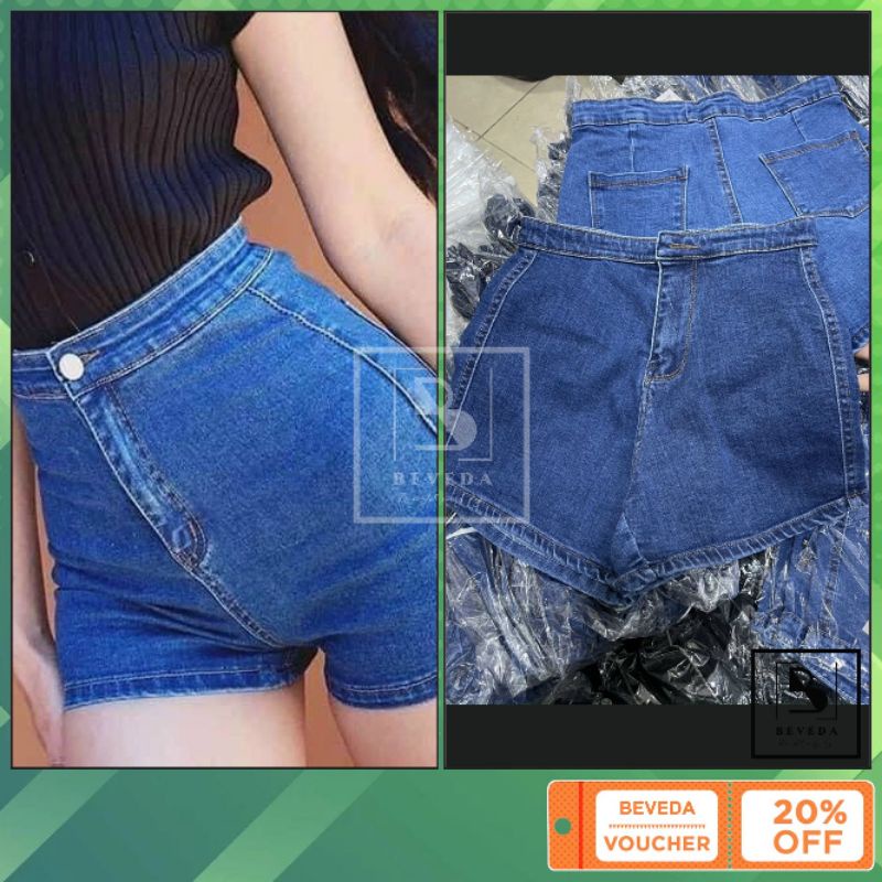 Quần Short Jean Lưng Cao Túi Sau