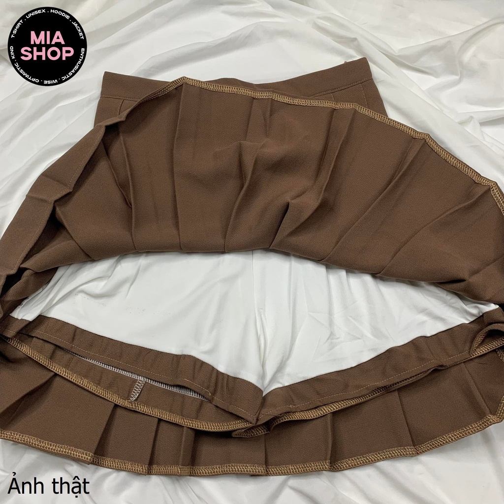 Chân váy xếp ly MIA, Chân váy tennis dáng ngắn xòe chữ A lưng cao, màu nâu, có bigsize