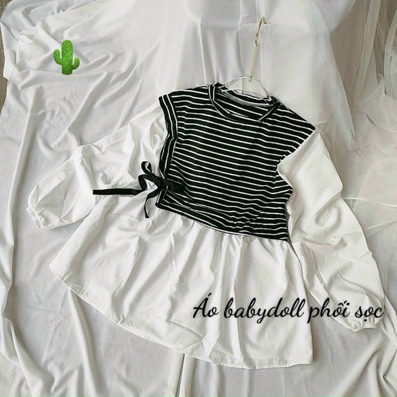 🅰️ Áo Babydoll kiểu sọc và kiểu trơn, cột nơ eo, Chất: thun phối voan, Size: <55kg