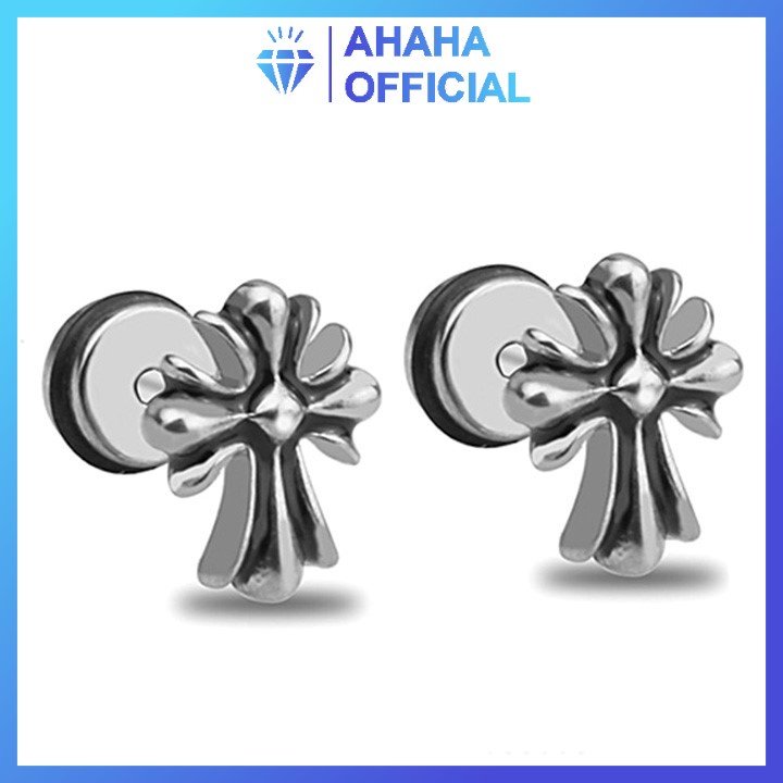 Bông tai nam inox đẹp cao cấp kiểu thánh giá to ahaha.officical màu trắng thép không gỉ PTBTNA174