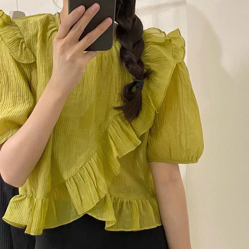 Áo Kiểu Tay Ngắn Phối Bèo Thời Trang Dành Cho Nữ