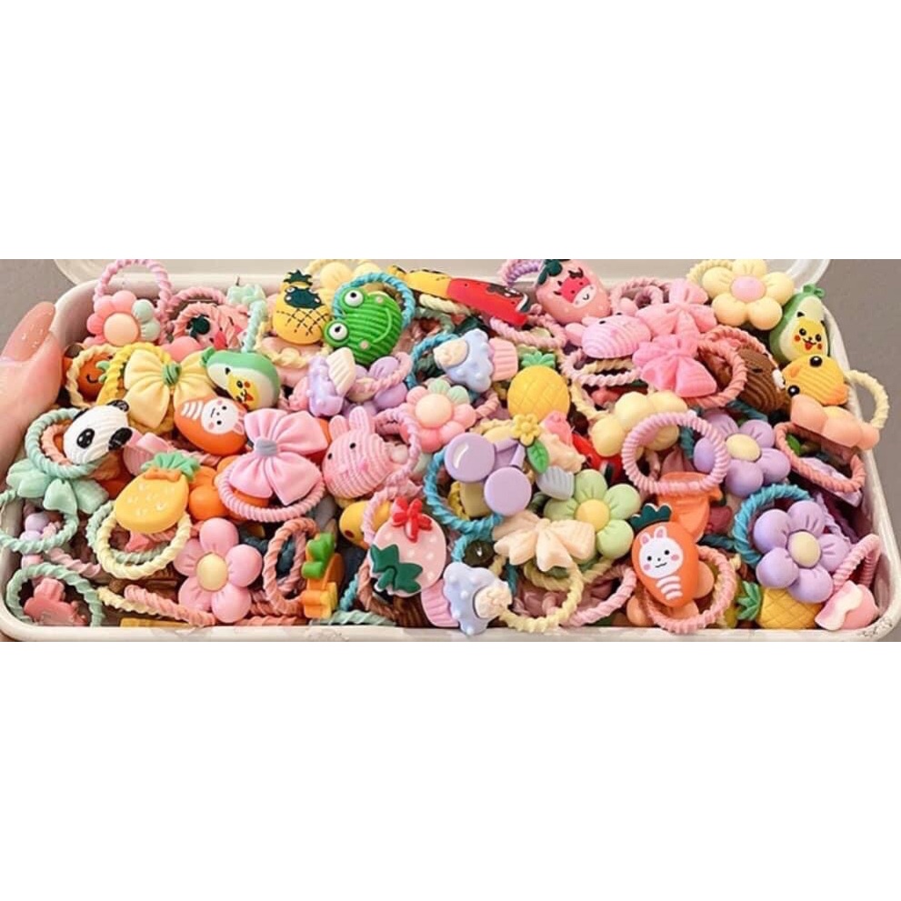 Set 50 sợi thun cột tóc hình thú+trái cây siêu cute cho bé
