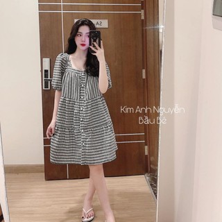 Váy bbd kẻ khuy tay bồng