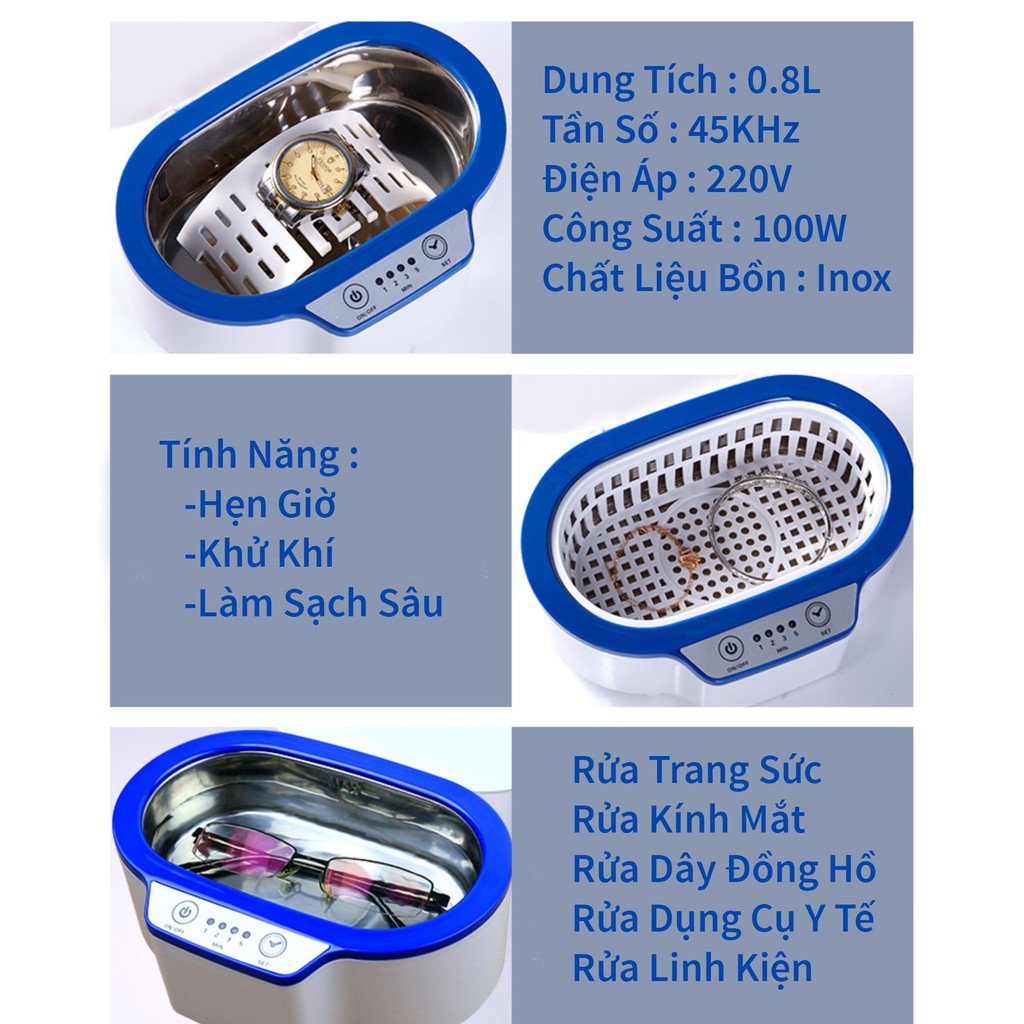 Máy Rung Khử Khí Bằng Sóng Siêu Âm Đa Năng 0,8L, Máy Làm Sạch Sâu Đa Năng