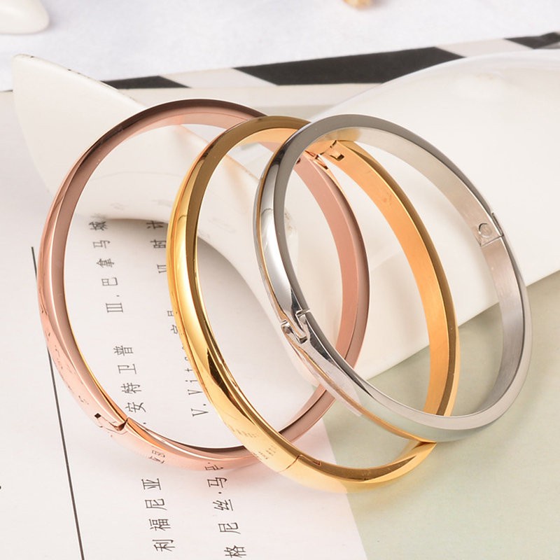 Vòng tay thép titan mạ vàng hồng 18K sáng bóng dày dặn hình bầu dục phong cách tối giản thời trang Hàn Quốc cho cặp đôi