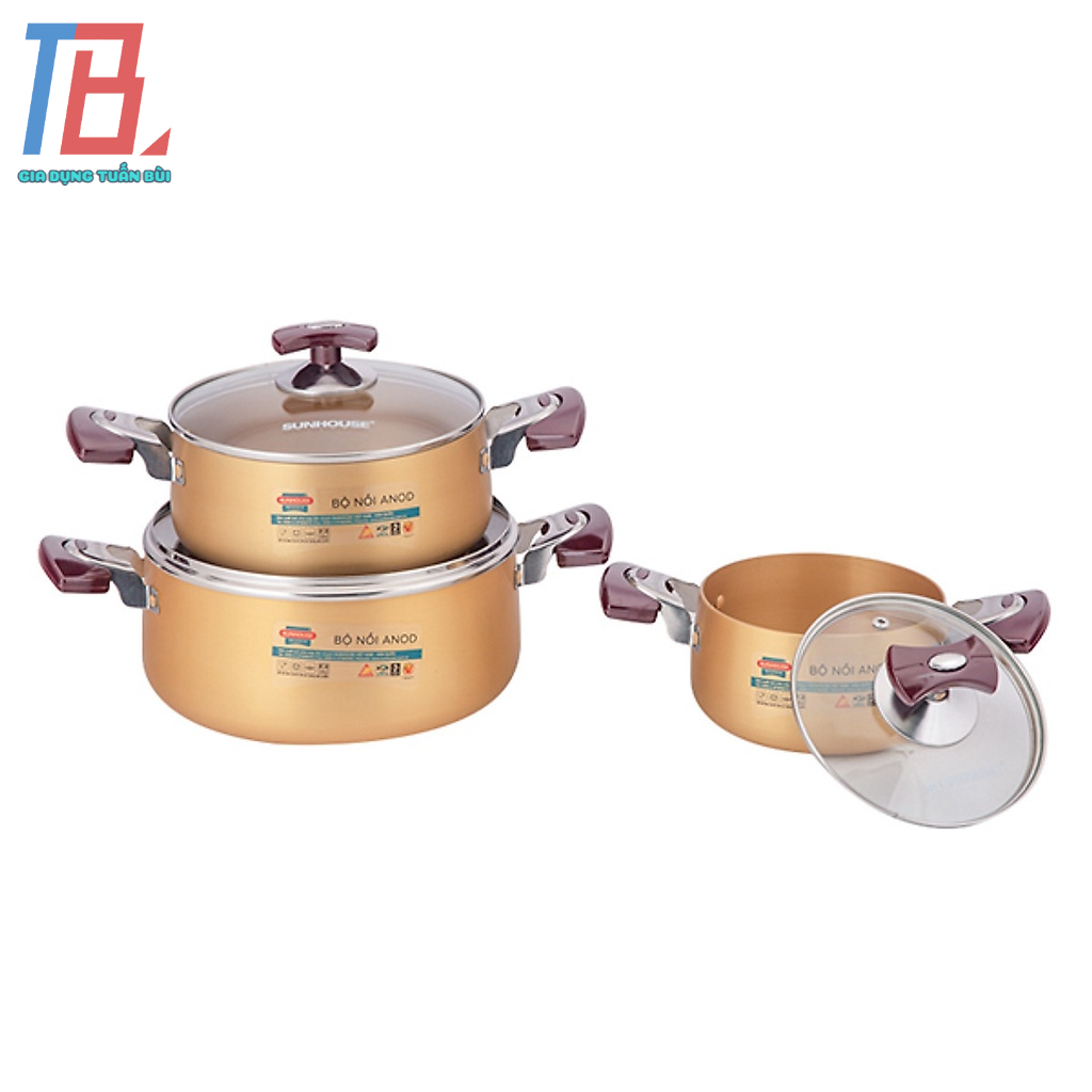Bộ nồi Sunhouse SH6634 size 16-20-24cm, độ dày thành nồi 1.8-1.8-2.0mm
