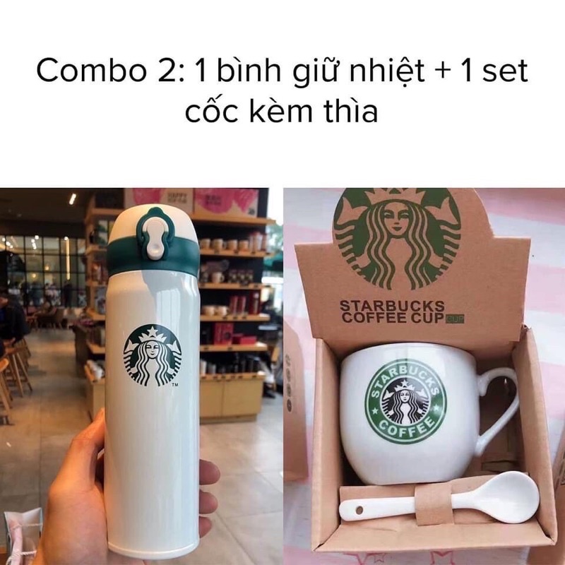 Set bình giữ nhiệt Starbuck và cốc sứ kèm thìa, inox 304 giữ nhiệt tới 12h