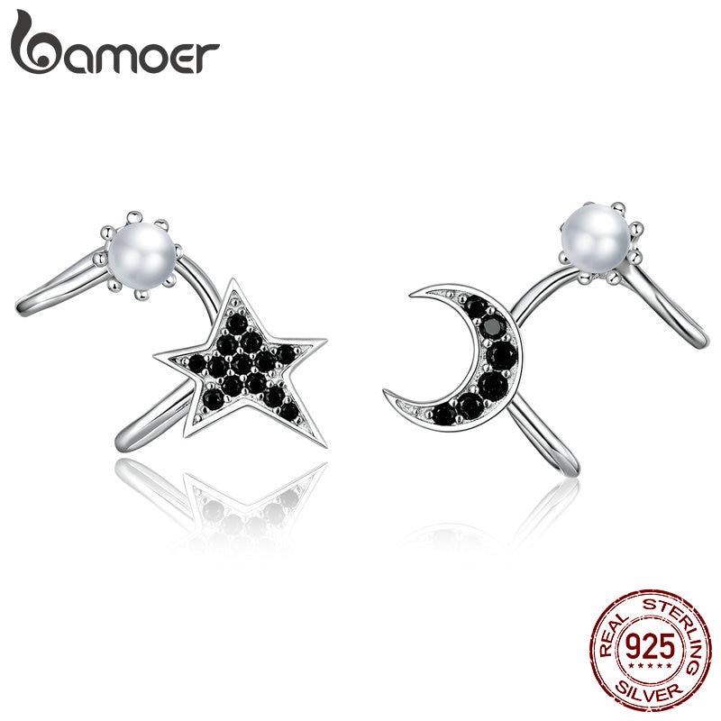 Khuyên Kẹp Tai Bamoer BSE387 Hình Ngôi Sao/Mặt Trang Đính Đá Màu Đen Thời Trang Nam Nữ Làm Bằng Bạc 925