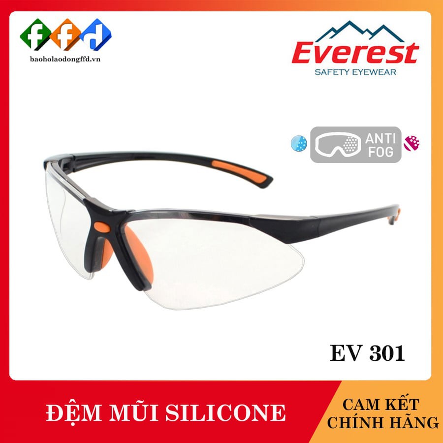 Kính bảo hộ Everest EV301 mắt kính trắng, đệm mũi Silicone, Kính chống tia UV, chống bụi, chống đọng sương, bảo vệ mắt