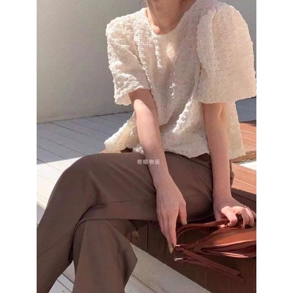 [Ảnh thật/Video]Áo sơ mi cổ tròn smile tay bồng form to bay bay tiểu thư Áo sơ mi cổ tròn hàn quốc