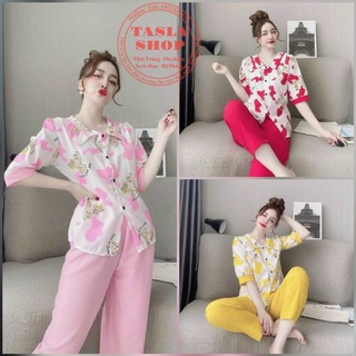 Bộ tay lỡ cổ sen hình gấu dưới 55kg vải lụa- đồ bộ pijama taslashop
