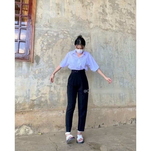 Quần tây đen công sở nữ 2 khuy bấm cạp lưng cao